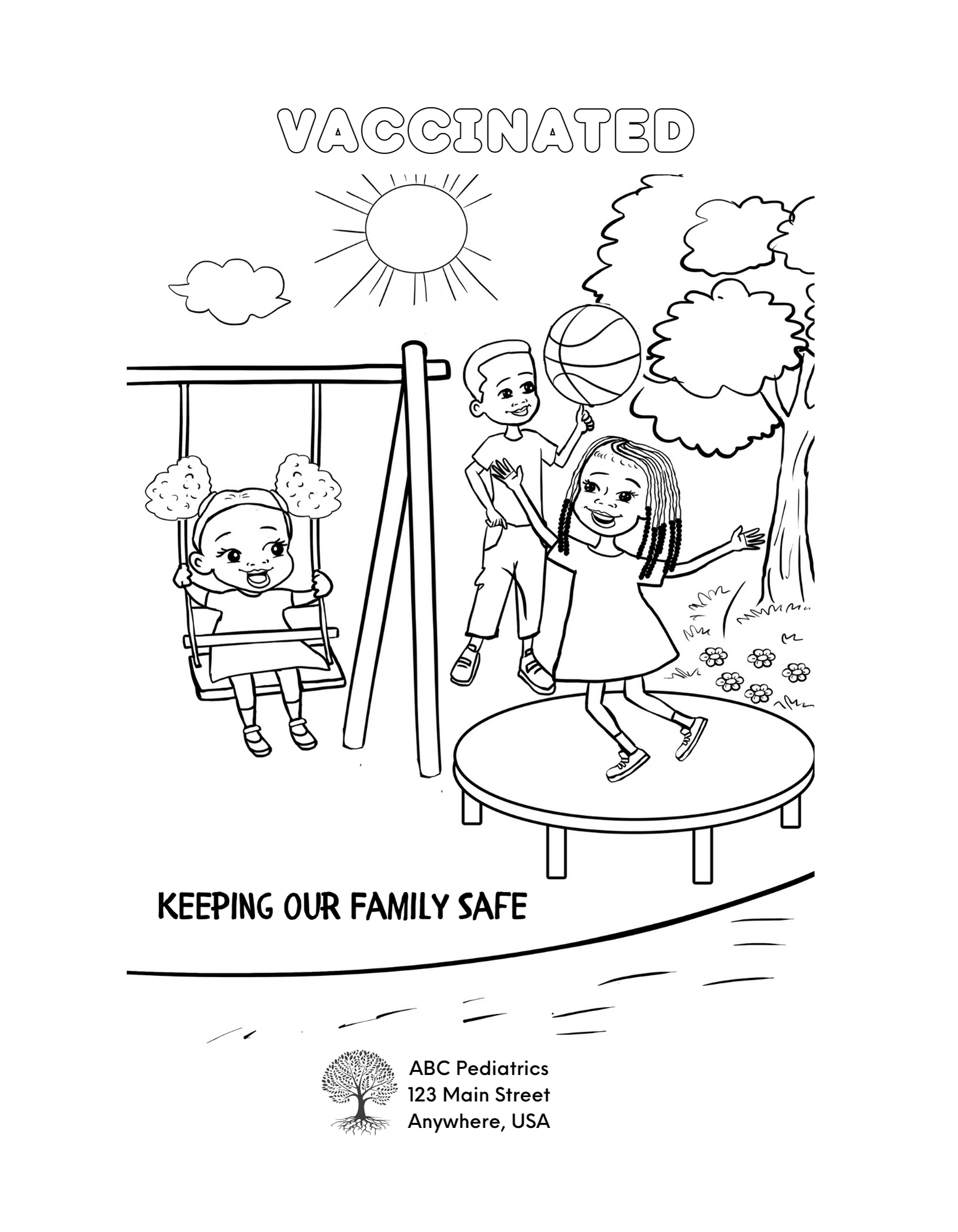 Vaccinated African American Children at Playground Coloring Sheet