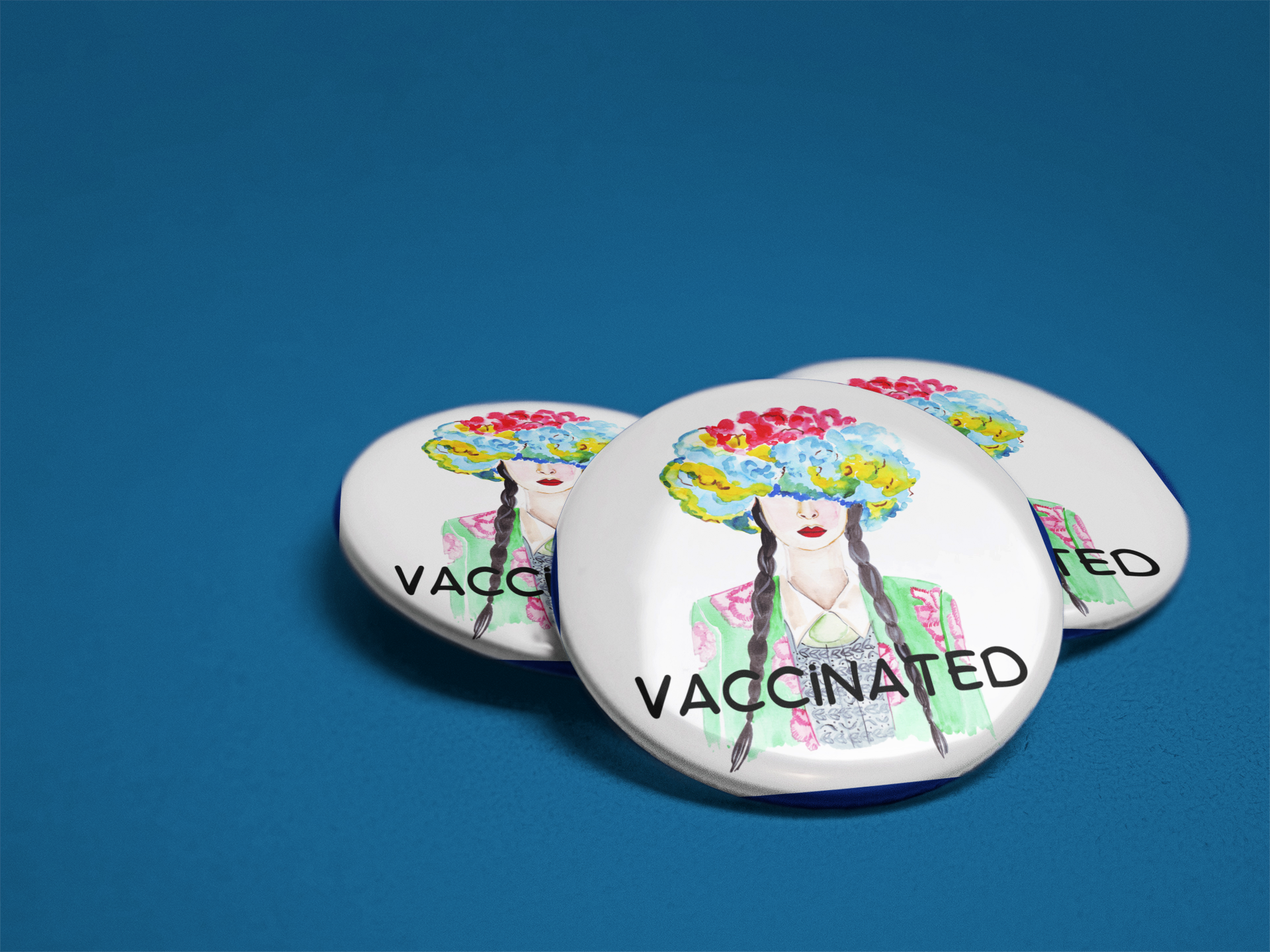 Vaccinated Girl with Flowered Hat Circle Button/Pin
